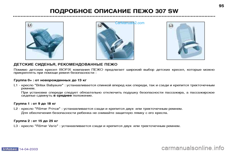 Peugeot 307 SW 2003  Инструкция по эксплуатации (in Russian) 14-04-2003
ДЕТСКИЕ СИДЕНЬЯ, РЕКОМЕНДОВАННЫЕ ПЕЖО 
Помимо  детских  кресел  ISOFIX  компания  ПЕЖО  предлагает  широкий 