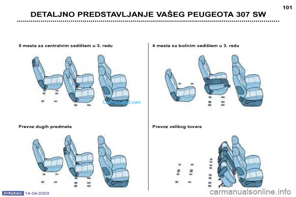 Peugeot 307 SW 2003  Упутство за употребу (in Serbian) 14-04-2003
DETALJNO PREDSTAVLJANJE VAŠEG PEUGEOTA 307 SW101
4 mesta sa bočnim sedištem u 3. redu 
Prevoz velikog tovara5 mesta sa centralnim sedištem u 3. redu 
Prevoz dugih predmeta      