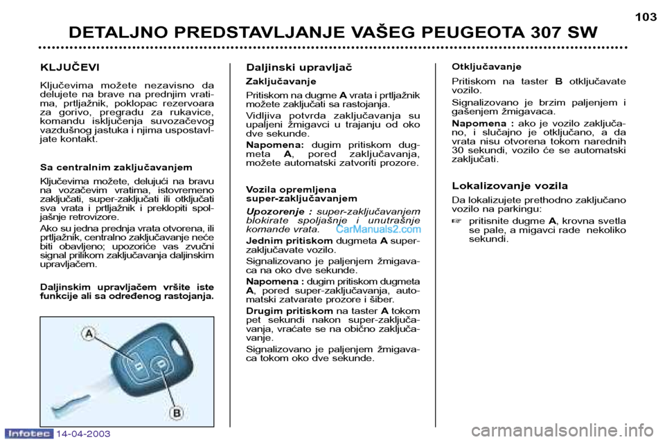 Peugeot 307 SW 2003 Упутство за употребу (in Serbian) KLJUČEVI
Ključevima možete nezavisno da
delujete na brave na prednjim vrati-
ma, prtljažnik, poklopac rezervoara
za gorivo, pregradu za rukavice,
komandu isključenja suvozačev Peugeot 307 SW 2003 Упутство за употребу (in Serbian) KLJUČEVI
Ključevima možete nezavisno da
delujete na brave na prednjim vrati-
ma, prtljažnik, poklopac rezervoara
za gorivo, pregradu za rukavice,
komandu isključenja suvozačev