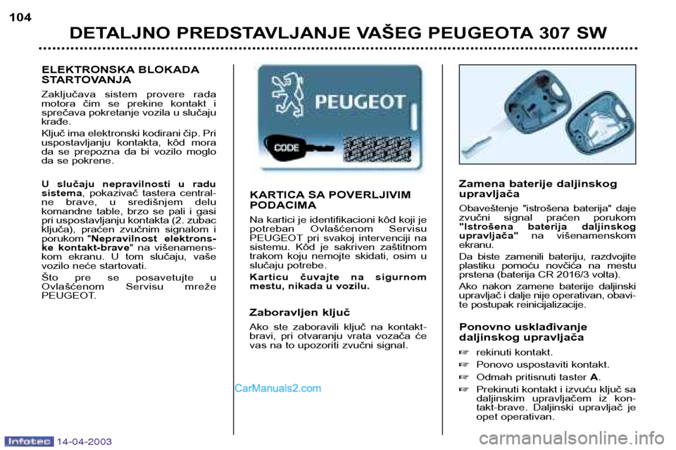 Peugeot 307 SW 2003 Упутство за употребу (in Serbian) KARTICA SA POVERLJIVIM PODACIMA Na kartici je identifikacioni kôd koji je
potreban Ovlašćenom Servisu
PEUGEOT pri svakoj intervenciji na
sistemu. Kôd je sakriven zaštitnom
trakom koju Peugeot 307 SW 2003 Упутство за употребу (in Serbian) KARTICA SA POVERLJIVIM PODACIMA Na kartici je identifikacioni kôd koji je
potreban Ovlašćenom Servisu
PEUGEOT pri svakoj intervenciji na
sistemu. Kôd je sakriven zaštitnom
trakom koju