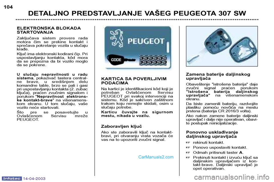 Peugeot 307 SW 2003 Упутство за употребу (in Serbian) KARTICA SA POVERLJIVIM PODACIMA Na kartici je identifikacioni kôd koji je
potreban Ovlašćenom Servisu
PEUGEOT pri svakoj intervenciji na
sistemu. Kôd je sakriven zaštitnom
trakom koju Peugeot 307 SW 2003 Упутство за употребу (in Serbian) KARTICA SA POVERLJIVIM PODACIMA Na kartici je identifikacioni kôd koji je
potreban Ovlašćenom Servisu
PEUGEOT pri svakoj intervenciji na
sistemu. Kôd je sakriven zaštitnom
trakom koju