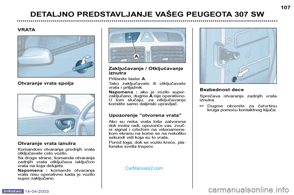 Peugeot 307 SW 2003  Упутство за употребу (in Serbian) 14-04-2003
VRATA 
Otvaranje vrata spolja 
Otvaranje vrata iznutra 
Komandom  otvaranja  prednjih  vrata 
otključavate celo vozilo.  
Sa druge strane, komanda otvaranja 
zadnjih  vrata  otključava  i