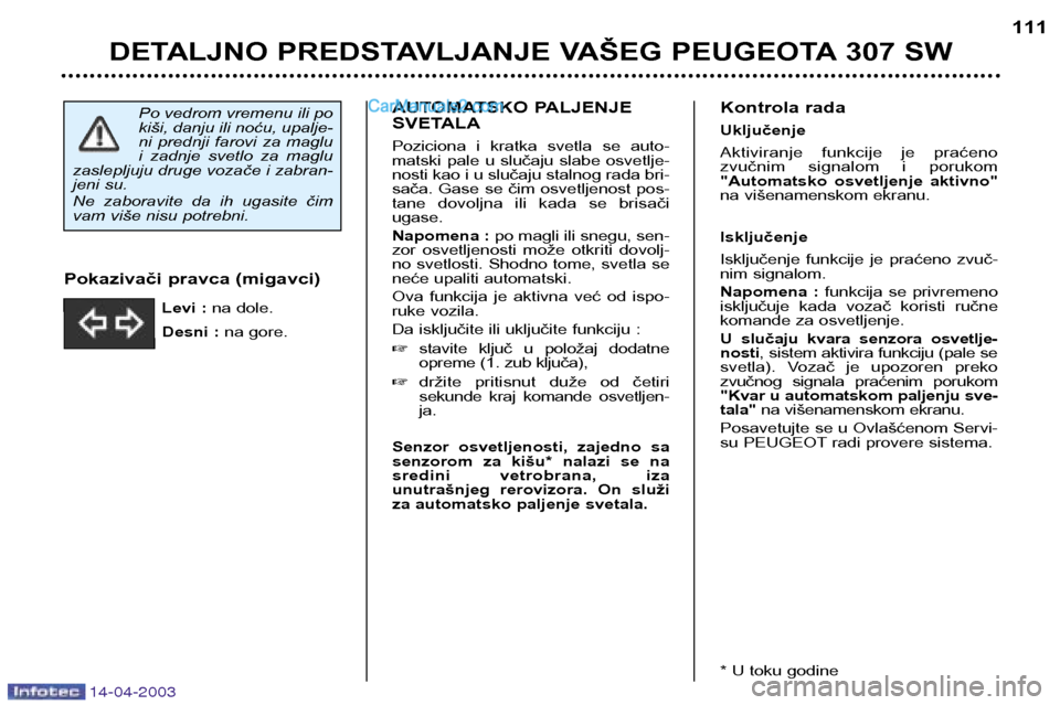 Peugeot 307 SW 2003 Упутство за употребу (in Serbian) 14-04-2003
AUTOMATSKO PALJENJE
SVETALA
Poziciona i kratka svetla se auto-
matski pale u slučaju slabe osvetlje-nosti kao i u slučaju stalnog rada bri-
sača. Gase se čim osvetljenost p Peugeot 307 SW 2003 Упутство за употребу (in Serbian) 14-04-2003
AUTOMATSKO PALJENJE
SVETALA
Poziciona i kratka svetla se auto-
matski pale u slučaju slabe osvetlje-nosti kao i u slučaju stalnog rada bri-
sača. Gase se čim osvetljenost p