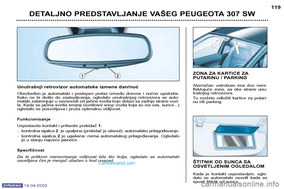 Peugeot 307 SW 2003 Упутство за употребу (in Serbian) 14-04-2003
DETALJNO PREDSTAVLJANJE VAŠEG PEUGEOTA 307 SW119
ŠTITNIK OD SUNCA SA
OSVETLJENIM OGLEDALOM
Kada je kontakt uspostavljen, ogle-
dalo se automatski osvetli kada se
spusti štitn Peugeot 307 SW 2003 Упутство за употребу (in Serbian) 14-04-2003
DETALJNO PREDSTAVLJANJE VAŠEG PEUGEOTA 307 SW119
ŠTITNIK OD SUNCA SA
OSVETLJENIM OGLEDALOM
Kada je kontakt uspostavljen, ogle-
dalo se automatski osvetli kada se
spusti štitn