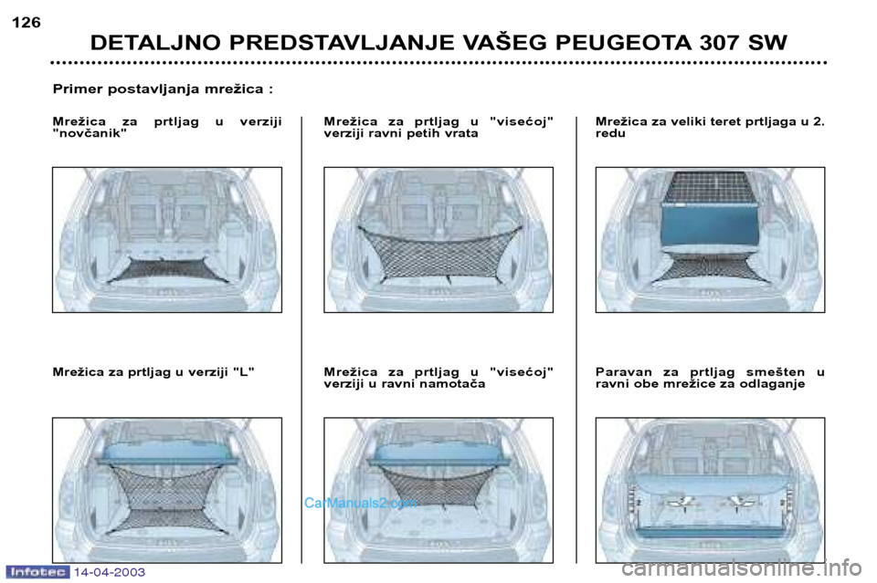 Peugeot 307 SW 2003  Упутство за употребу (in Serbian) 14-04-2003
DETALJNO PREDSTAVLJANJE VAŠEG PEUGEOTA 307 SW
126
Primer postavljanja mrežica :
Mrežica  za  prtljag  u  verziji "novčanik" Mrežica  za  prtljag  u  "visećoj"
verziji ravni petih vrat