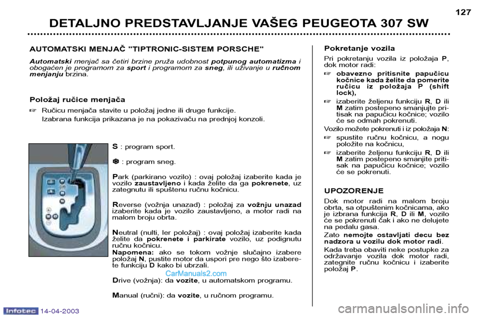 Peugeot 307 SW 2003  Упутство за употребу (in Serbian) 14-04-2003
S: program sport.
�
�
: program sneg.
P ark  (parkirano  vozilo)  :  ovaj  položaj  izaberite  kada  je
vozilo  zaustavljeno i  kada  želite  da  ga  pokrenete,  uz
zategnutu ili spušten