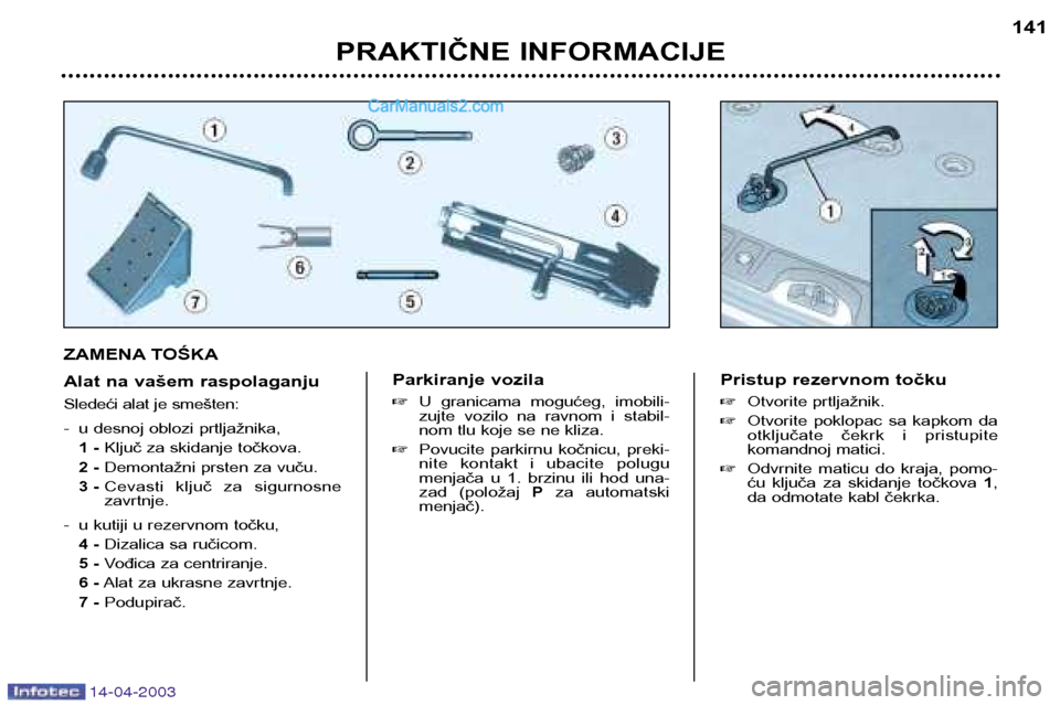Peugeot 307 SW 2003  Упутство за употребу (in Serbian) 14-04-2003
ZAMENA TOŚKA 
Alat na vašem raspolaganju 
Sledeći alat je smešten: 
-  u desnoj oblozi prtljažnika,1 - Ključ za skidanje točkova.
2 - Demontažni prsten za vuču.
3 - Cevasti  ključ