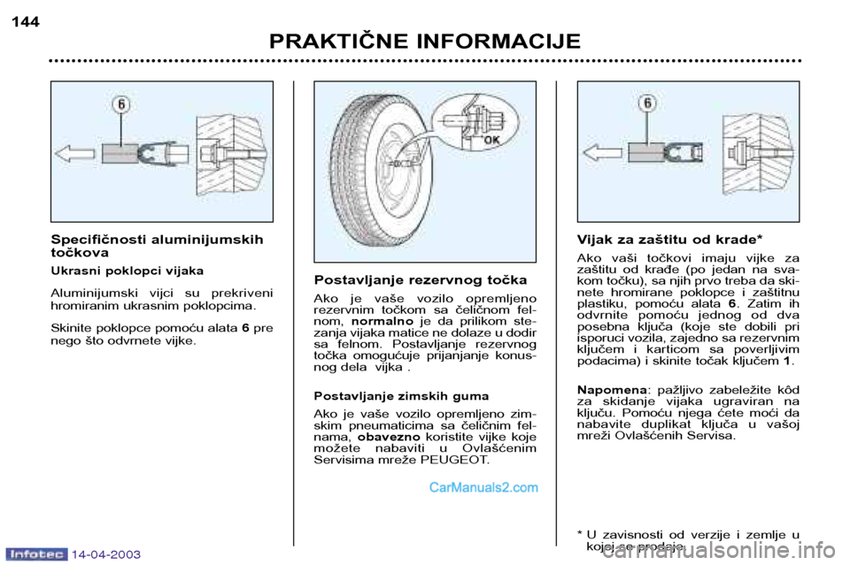 Peugeot 307 SW 2003 Упутство за употребу (in Serbian) 14-04-2003
Specifičnosti aluminijumskih točkova
Ukrasni poklopci vijaka
Aluminijumski vijci su prekriveni
hromiranim ukrasnim poklopcima.
Skinite poklopce pomoću alata 6 pre
nego što odvrn Peugeot 307 SW 2003 Упутство за употребу (in Serbian) 14-04-2003
Specifičnosti aluminijumskih točkova
Ukrasni poklopci vijaka
Aluminijumski vijci su prekriveni
hromiranim ukrasnim poklopcima.
Skinite poklopce pomoću alata 6 pre
nego što odvrn