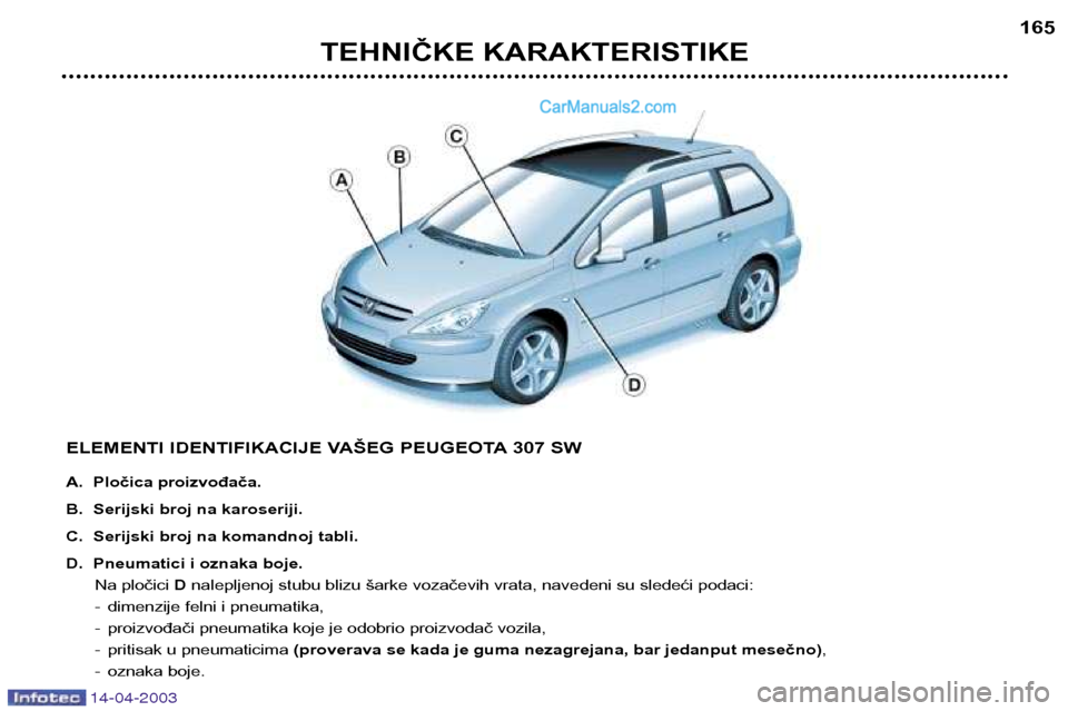 Peugeot 307 SW 2003  Упутство за употребу (in Serbian) 14-04-2003
TEHNIČKE KARAKTERISTIKE165
ELEMENTI IDENTIFIKACIJE VAŠEG PEUGEOTA 307 SW 
A. Pločica proizvođača. 
B. Serijski broj na karoseriji.
C. Serijski broj na komandnoj tabli.
D. Pneumatici i 