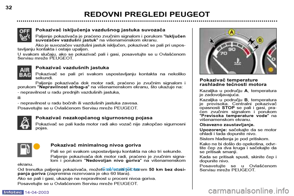 Peugeot 307 SW 2003 Упутство за употребу (in Serbian) 14-04-2003
Pokazivač isključenja vazdušnog jastuka suvozača
Paljenje pokazivača je praćeno zvučnim signalom i porukom "Isključen
suvozačev vazdušni jastuk " na višenamenskom ekranu.
Ako je Peugeot 307 SW 2003 Упутство за употребу (in Serbian) 14-04-2003
Pokazivač isključenja vazdušnog jastuka suvozača
Paljenje pokazivača je praćeno zvučnim signalom i porukom "Isključen
suvozačev vazdušni jastuk " na višenamenskom ekranu.
Ako je
