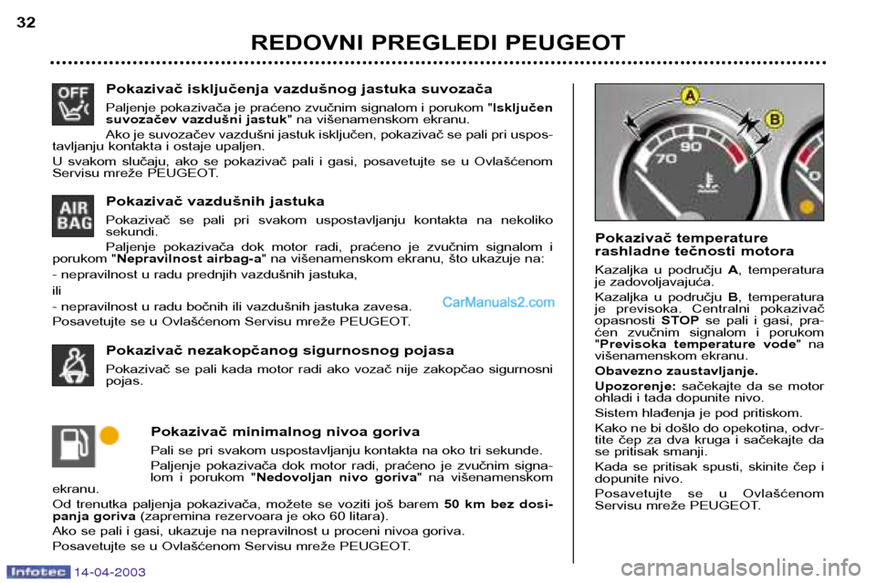 Peugeot 307 SW 2003 Упутство за употребу (in Serbian) 14-04-2003
Pokazivač isključenja vazdušnog jastuka suvozača
Paljenje pokazivača je praćeno zvučnim signalom i porukom "Isključen
suvozačev vazdušni jastuk " na višenamenskom ekranu.
Ako je Peugeot 307 SW 2003 Упутство за употребу (in Serbian) 14-04-2003
Pokazivač isključenja vazdušnog jastuka suvozača
Paljenje pokazivača je praćeno zvučnim signalom i porukom "Isključen
suvozačev vazdušni jastuk " na višenamenskom ekranu.
Ako je