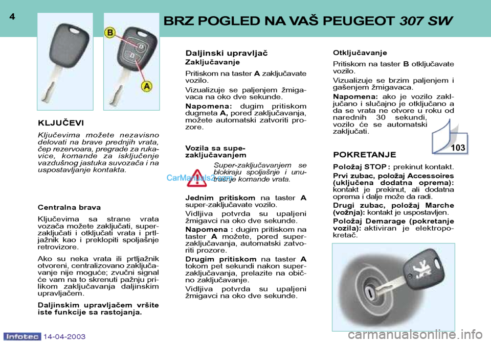 Peugeot 307 SW 2003 Упутство за употребу (in Serbian) 4BRZ POGLED NA VAŠ PEUGEOT 307 SW
14-04-2003
KLJUČEVI
Ključevima možete nezavisno
delovati na brave prednjih vrata,
čep rezervoara, pregrade za ruka-
vice, komande za isključenje
vazd Peugeot 307 SW 2003 Упутство за употребу (in Serbian) 4BRZ POGLED NA VAŠ PEUGEOT 307 SW
14-04-2003
KLJUČEVI
Ključevima možete nezavisno
delovati na brave prednjih vrata,
čep rezervoara, pregrade za ruka-
vice, komande za isključenje
vazd