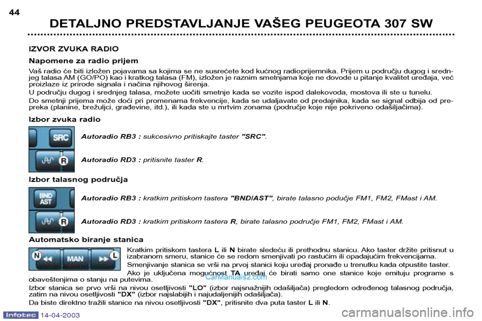Peugeot 307 SW 2003 Упутство за употребу (in Serbian) 14-04-2003
IZVOR ZVUKA RADIO
Napomene za radio prijem
Vaš radio će biti izložen pojavama sa kojima se ne susrećete kod kućnog radioprijemnika. Prijem u području dugog i sredn-
jeg talasa AM ( Peugeot 307 SW 2003 Упутство за употребу (in Serbian) 14-04-2003
IZVOR ZVUKA RADIO
Napomene za radio prijem
Vaš radio će biti izložen pojavama sa kojima se ne susrećete kod kućnog radioprijemnika. Prijem u području dugog i sredn-
jeg talasa AM (