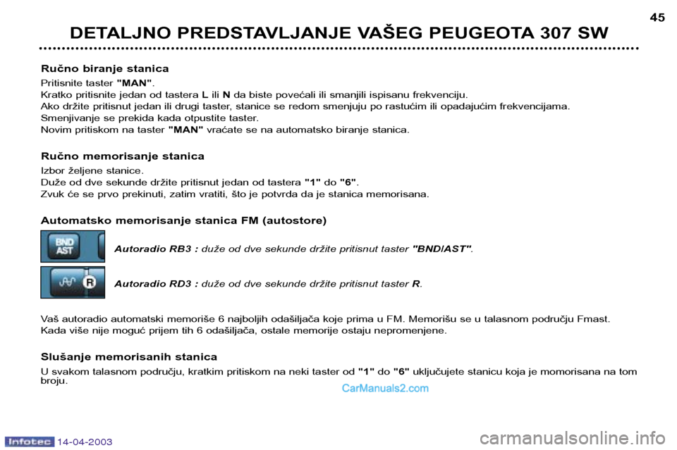 Peugeot 307 SW 2003 Упутство за употребу (in Serbian) 14-04-2003
Ručno biranje stanica
Pritisnite taster "MAN".
Kratko pritisnite jedan od tastera Lili N da biste povećali ili smanjili ispisanu frekvenciju.
Ako držite pritisnut jedan ili drugi tast Peugeot 307 SW 2003 Упутство за употребу (in Serbian) 14-04-2003
Ručno biranje stanica
Pritisnite taster "MAN".
Kratko pritisnite jedan od tastera Lili N da biste povećali ili smanjili ispisanu frekvenciju.
Ako držite pritisnut jedan ili drugi tast