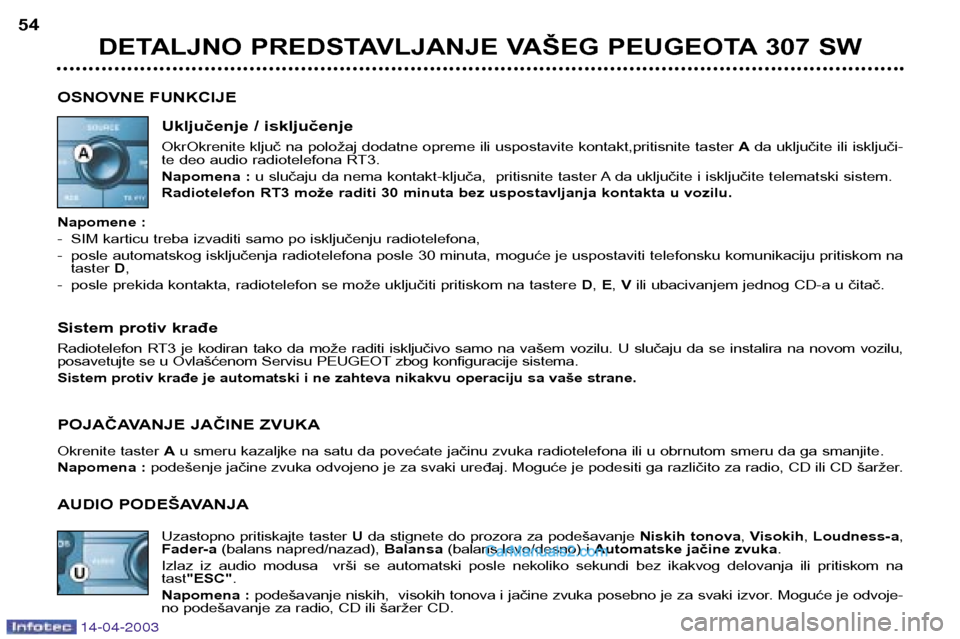 Peugeot 307 SW 2003 Упутство за употребу (in Serbian) 14-04-2003
DETALJNO PREDSTAVLJANJE VAŠEG PEUGEOTA 307 SW
54
OSNOVNE FUNKCIJE Uključenje / isključenje
OkrOkrenite ključ na položaj dodatne opreme ili uspostavite kontakt,pritisnite taster Ada uk Peugeot 307 SW 2003 Упутство за употребу (in Serbian) 14-04-2003
DETALJNO PREDSTAVLJANJE VAŠEG PEUGEOTA 307 SW
54
OSNOVNE FUNKCIJE Uključenje / isključenje
OkrOkrenite ključ na položaj dodatne opreme ili uspostavite kontakt,pritisnite taster Ada uk