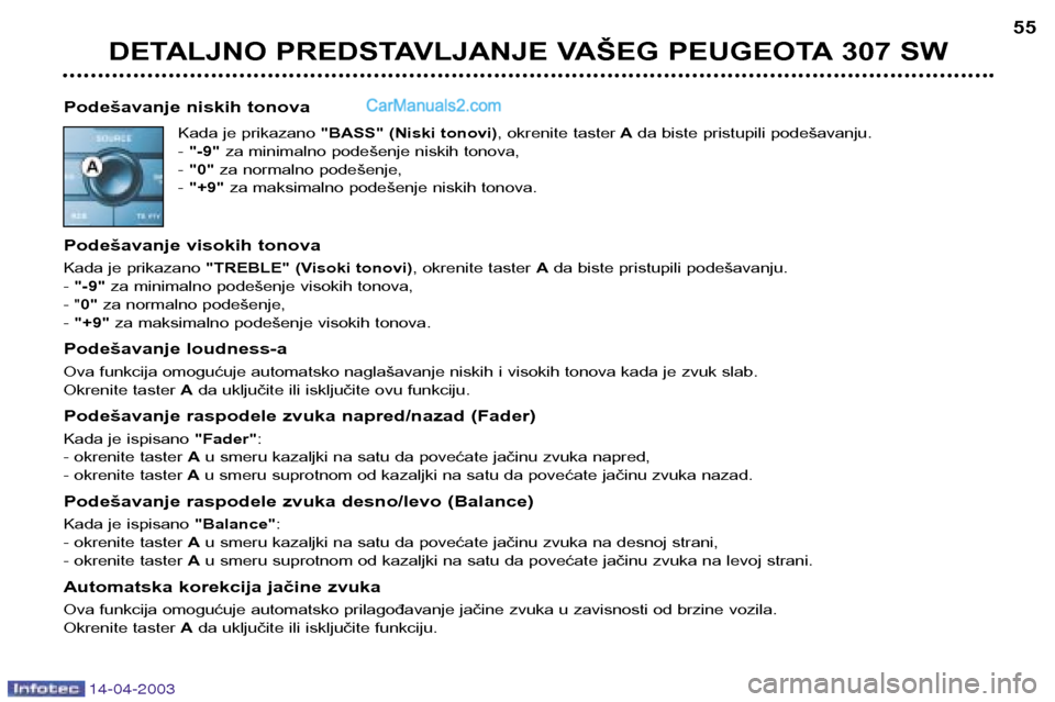 Peugeot 307 SW 2003 Упутство за употребу (in Serbian) 14-04-2003
DETALJNO PREDSTAVLJANJE VAŠEG PEUGEOTA 307 SW
55
Podešavanje niskih tonova Kada je prikazano "BASS" (Niski tonovi) , okrenite tasterAda biste pristupili podešavanju.
- "-9" za minimaln Peugeot 307 SW 2003 Упутство за употребу (in Serbian) 14-04-2003
DETALJNO PREDSTAVLJANJE VAŠEG PEUGEOTA 307 SW
55
Podešavanje niskih tonova Kada je prikazano "BASS" (Niski tonovi) , okrenite tasterAda biste pristupili podešavanju.
- "-9" za minimaln