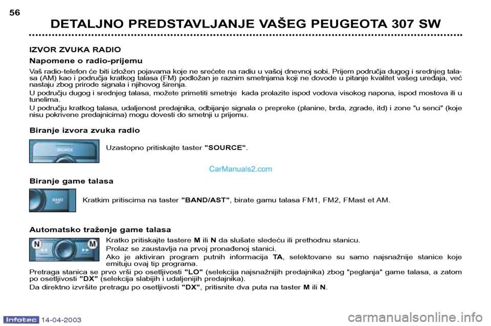Peugeot 307 SW 2003 Упутство за употребу (in Serbian) 14-04-2003
DETALJNO PREDSTAVLJANJE VAŠEG PEUGEOTA 307 SW
56
IZVOR ZVUKA RADIO
Napomene o radio-prijemu
Vaš radio-telefon će biti izložen pojavama koje ne srećete na radiu u vašoj dnevnoj sobi. Peugeot 307 SW 2003 Упутство за употребу (in Serbian) 14-04-2003
DETALJNO PREDSTAVLJANJE VAŠEG PEUGEOTA 307 SW
56
IZVOR ZVUKA RADIO
Napomene o radio-prijemu
Vaš radio-telefon će biti izložen pojavama koje ne srećete na radiu u vašoj dnevnoj sobi.