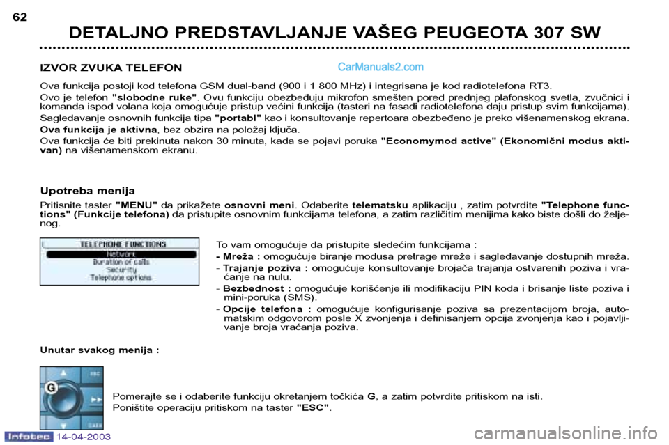 Peugeot 307 SW 2003 Упутство за употребу (in Serbian) 14-04-2003
DETALJNO PREDSTAVLJANJE VAŠEG PEUGEOTA 307 SW
62
IZVOR ZVUKA TELEFON
Ova funkcija postoji kod telefona GSM dual-band (900 i 1 800 MHz) i integrisana je kod radiotelefona RT3.
Ovo je te Peugeot 307 SW 2003 Упутство за употребу (in Serbian) 14-04-2003
DETALJNO PREDSTAVLJANJE VAŠEG PEUGEOTA 307 SW
62
IZVOR ZVUKA TELEFON
Ova funkcija postoji kod telefona GSM dual-band (900 i 1 800 MHz) i integrisana je kod radiotelefona RT3.
Ovo je te