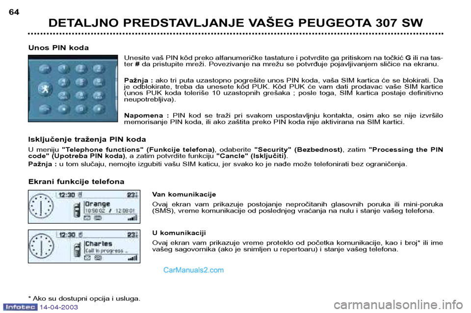 Peugeot 307 SW 2003 Упутство за употребу (in Serbian) 14-04-2003
DETALJNO PREDSTAVLJANJE VAŠEG PEUGEOTA 307 SW
64
Unos PIN koda Unesite vaš PIN kôd preko alfanumeričke tastature i potvrdite ga pritiskom na točkić G ili na tas-
ter #da pristupite m Peugeot 307 SW 2003 Упутство за употребу (in Serbian) 14-04-2003
DETALJNO PREDSTAVLJANJE VAŠEG PEUGEOTA 307 SW
64
Unos PIN koda Unesite vaš PIN kôd preko alfanumeričke tastature i potvrdite ga pritiskom na točkić G ili na tas-
ter #da pristupite m