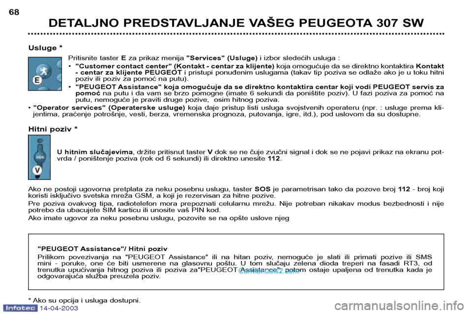 Peugeot 307 SW 2003 Упутство за употребу (in Serbian) 14-04-2003
DETALJNO PREDSTAVLJANJE VAŠEG PEUGEOTA 307 SW
68
Usluge * Pritisnite taster E za prikaz menija "Services" (Usluge) i izbor sledećih usluga :
• "Customer contact center" (Kontakt - ce Peugeot 307 SW 2003 Упутство за употребу (in Serbian) 14-04-2003
DETALJNO PREDSTAVLJANJE VAŠEG PEUGEOTA 307 SW
68
Usluge * Pritisnite taster E za prikaz menija "Services" (Usluge) i izbor sledećih usluga :
• "Customer contact center" (Kontakt - ce