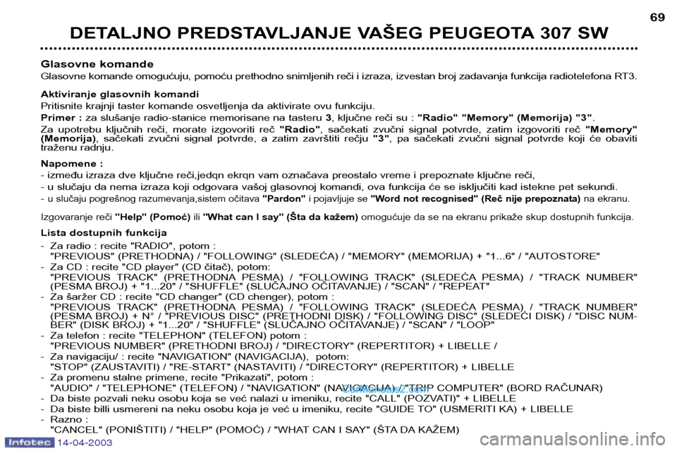Peugeot 307 SW 2003  Упутство за употребу (in Serbian) 14-04-2003
DETALJNO PREDSTAVLJANJE VAŠEG PEUGEOTA 307 SW69
Glasovne komande 
Glasovne komande omogućuju, pomoću prethodno snimljenih reči i izraza, izvestan broj zadavanja funkcija radiotelefona R
