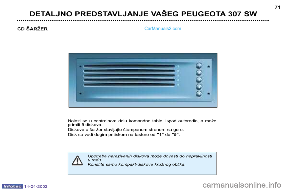 Peugeot 307 SW 2003  Упутство за употребу (in Serbian) 14-04-2003
DETALJNO PREDSTAVLJANJE VAŠEG PEUGEOTA 307 SW71
CD ŠARŽER
Nalazi  se  u  centralnom  delu  komandne  table,  ispod  autoradia,  a  može 
primiti 5 diskova. 
Diskove u šaržer stavljajt