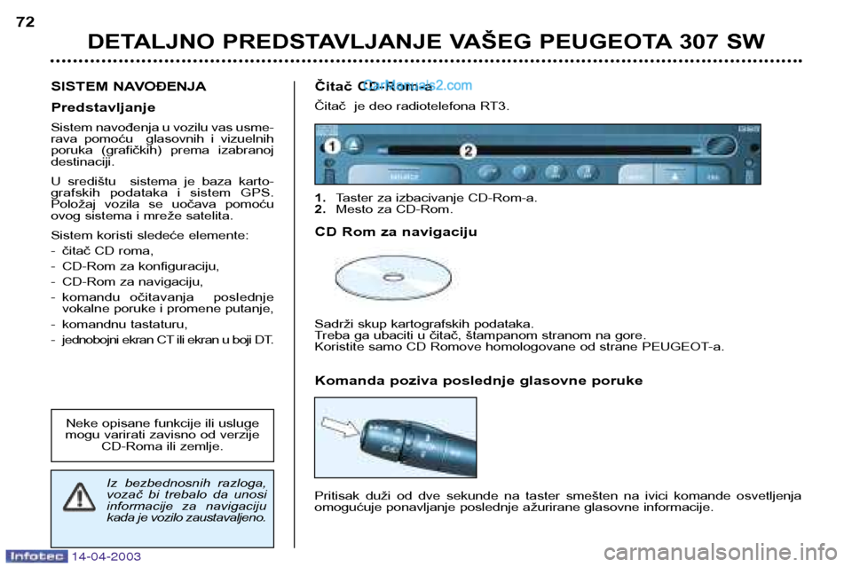 Peugeot 307 SW 2003 Упутство за употребу (in Serbian) 14-04-2003
DETALJNO PREDSTAVLJANJE VAŠEG PEUGEOTA 307 SW
72
SISTEM NA VOĐENJA
Predstavljanje
Sistem navođenja u vozilu vas usme-
rava pomoću glasovnih i vizuelnih
poruka (grafičkih) pre Peugeot 307 SW 2003 Упутство за употребу (in Serbian) 14-04-2003
DETALJNO PREDSTAVLJANJE VAŠEG PEUGEOTA 307 SW
72
SISTEM NA VOĐENJA
Predstavljanje
Sistem navođenja u vozilu vas usme-
rava pomoću glasovnih i vizuelnih
poruka (grafičkih) pre