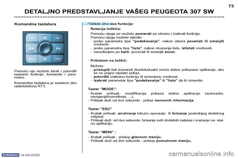 Peugeot 307 SW 2003 Упутство за употребу (in Serbian) 14-04-2003
DETALJNO PREDSTAVLJANJE VAŠEG PEUGEOTA 307 SW73
Točkić; ima dve funkcije: - Rotacija točkića:
Pomoću njega se možete pomeratipo ekranu i izabrati funkciju.
Pomoću njega možete tak Peugeot 307 SW 2003 Упутство за употребу (in Serbian) 14-04-2003
DETALJNO PREDSTAVLJANJE VAŠEG PEUGEOTA 307 SW73
Točkić; ima dve funkcije: - Rotacija točkića:
Pomoću njega se možete pomeratipo ekranu i izabrati funkciju.
Pomoću njega možete tak