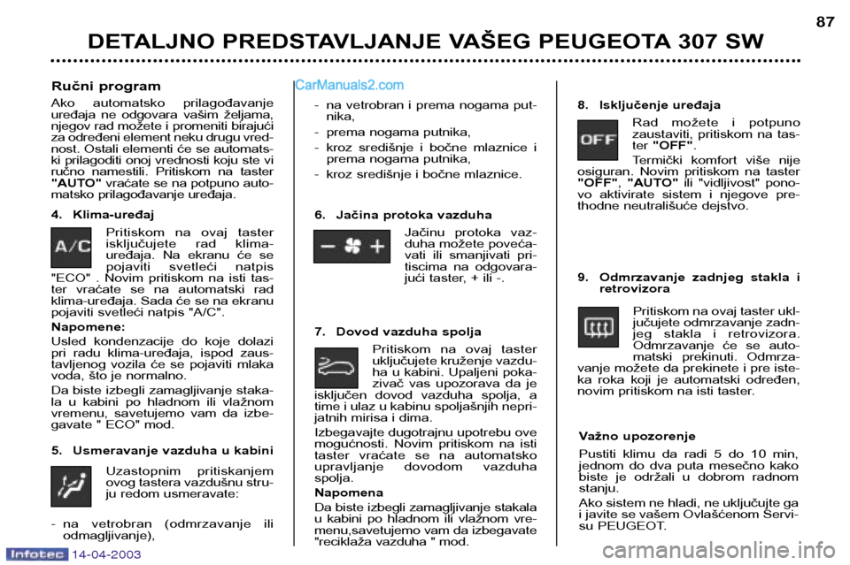 Peugeot 307 SW 2003 Упутство за употребу (in Serbian) 14-04-2003
DETALJNO PREDSTAVLJANJE VAŠEG PEUGEOTA 307 SW87
Ručni program
Ako automatsko prilagođavanje
uređaja ne odgovara vašim željama,
njegov rad možete i promeniti birajući
za odr Peugeot 307 SW 2003 Упутство за употребу (in Serbian) 14-04-2003
DETALJNO PREDSTAVLJANJE VAŠEG PEUGEOTA 307 SW87
Ručni program
Ako automatsko prilagođavanje
uređaja ne odgovara vašim željama,
njegov rad možete i promeniti birajući
za odr
