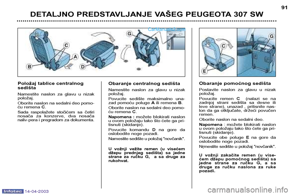 Peugeot 307 SW 2003 Упутство за употребу (in Serbian) 14-04-2003
DETALJNO PREDSTAVLJANJE VAŠEG PEUGEOTA 307 SW91
Položaj tablice centralnog sedišta
Namestite naslon za glavu u nizak položaj.
Oborite naslon na sedalni deo pomo-
ću remena C.
Peugeot 307 SW 2003 Упутство за употребу (in Serbian) 14-04-2003
DETALJNO PREDSTAVLJANJE VAŠEG PEUGEOTA 307 SW91
Položaj tablice centralnog sedišta
Namestite naslon za glavu u nizak položaj.
Oborite naslon na sedalni deo pomo-
ću remena C.
