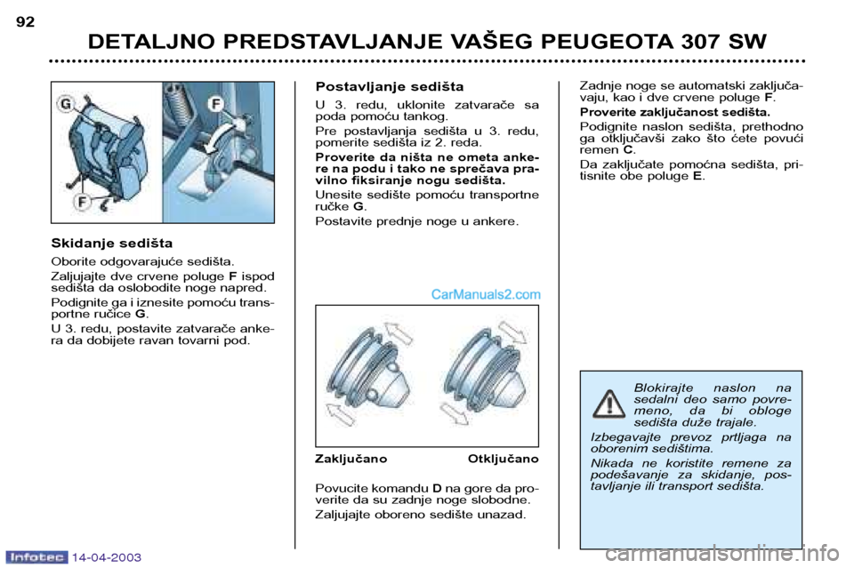Peugeot 307 SW 2003 Упутство за употребу (in Serbian) 14-04-2003
Skidanje sedišta
Oborite odgovarajuće sedišta.
Zaljujajte dve crvene poluge Fispod
sedišta da oslobodite noge napred.
Podignite ga i iznesite pomoću trans-
portne ručice G.
U 3. r Peugeot 307 SW 2003 Упутство за употребу (in Serbian) 14-04-2003
Skidanje sedišta
Oborite odgovarajuće sedišta.
Zaljujajte dve crvene poluge Fispod
sedišta da oslobodite noge napred.
Podignite ga i iznesite pomoću trans-
portne ručice G.
U 3. r
