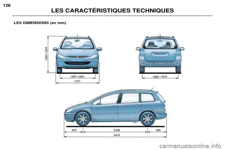 Peugeot 307 SW 2002  Manuel du propriétaire (in French) LES CARACTƒRISTIQUES TECHNIQUES
128
LES DIMENSIONS (en mm)  