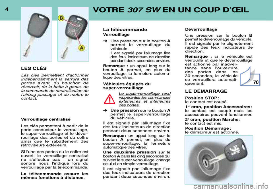 Peugeot 307 SW 2002  Manuel du propriétaire (in French) 4VOTRE 307 SW EN UN COUP DÕÎIL
LES CLƒS Les clŽs permettent dactionner indŽpendamment la serrure desportes avant, du bouchon de
rŽservoir, de la bo”te ˆ gants, dela commande de neutralisatio