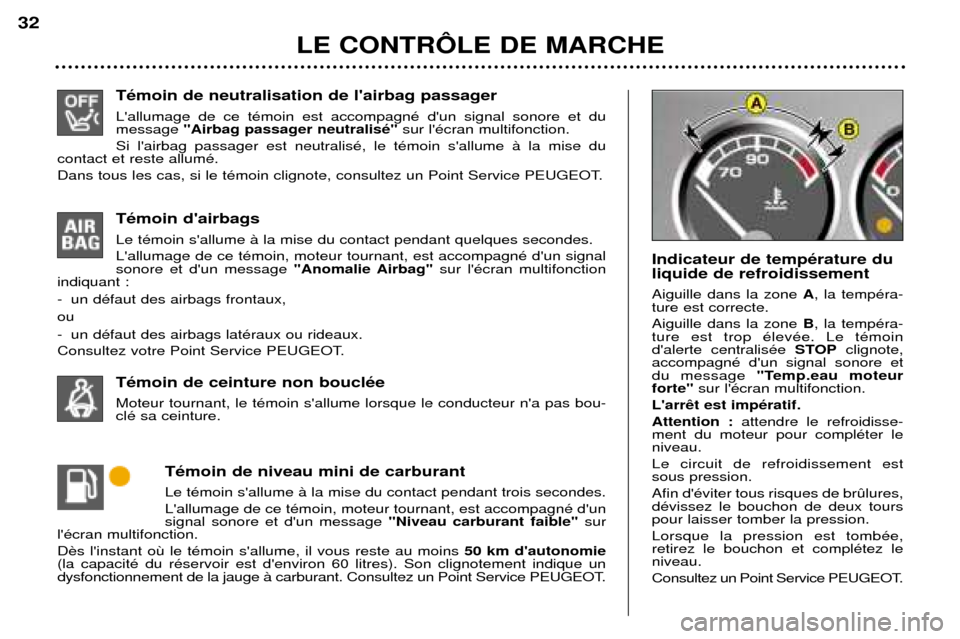 Peugeot 307 SW 2002 Manuel du propriétaire (in French) TŽmoin de neutralisation de lairbag passager Lallumage de ce tŽmoin est accompagnŽ dun signal sonore et du message"Airbag passager neutralisŽ" sur lŽcran multifonction.
Si lairbag passager Peugeot 307 SW 2002 Manuel du propriétaire (in French) TŽmoin de neutralisation de lairbag passager Lallumage de ce tŽmoin est accompagnŽ dun signal sonore et du message"Airbag passager neutralisŽ" sur lŽcran multifonction.
Si lairbag passager