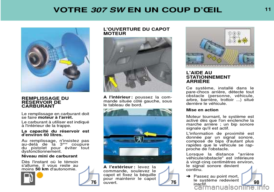 Peugeot 307 SW 2002 Manuel du propriétaire (in French) LAIDE AU
STATIONNEMENTARRIéRE Ce syst pare-chocs arriobstacle (personne, vŽhicule,arbre, barriderri Mise en action Moteur tournant, le syst activŽ dmarche arrisignale quil est actif. Linformati Peugeot 307 SW 2002 Manuel du propriétaire (in French) LAIDE AU
STATIONNEMENTARRIéRE Ce syst pare-chocs arriobstacle (personne, vŽhicule,arbre, barriderri Mise en action Moteur tournant, le syst activŽ dmarche arrisignale quil est actif. Linformati