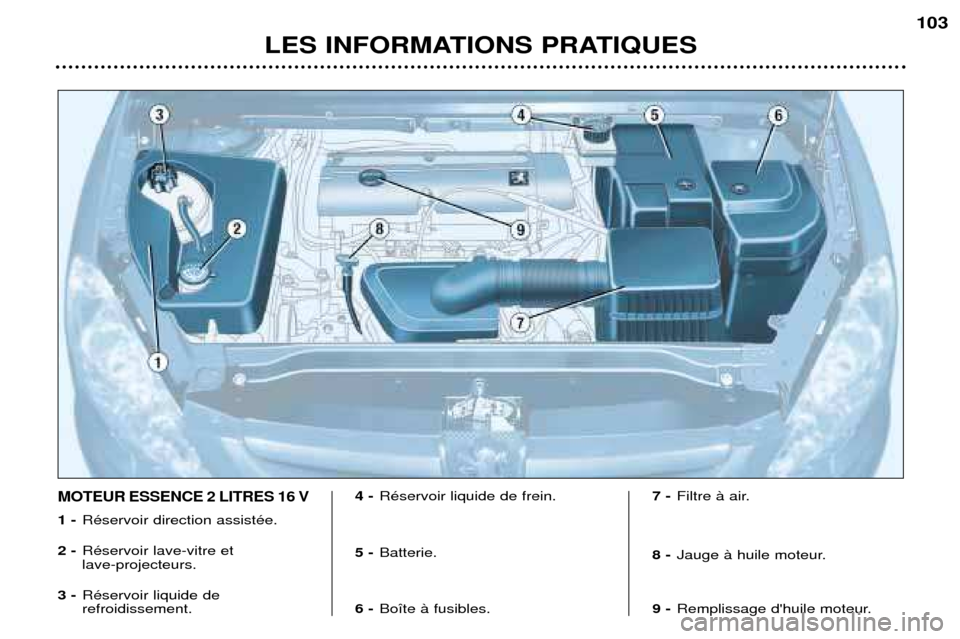 Peugeot 307 SW 2002  Manuel du propriétaire (in French) LES INFORMATIONS PRATIQUES103
MOTEUR ESSENCE 2 LITRES 16 V
1 -
RŽservoir direction assistŽe.
2 - RŽservoir lave-vitre et lave-projecteurs.
3 - RŽservoir liquide derefroidissement. 4 -
RŽservoir l