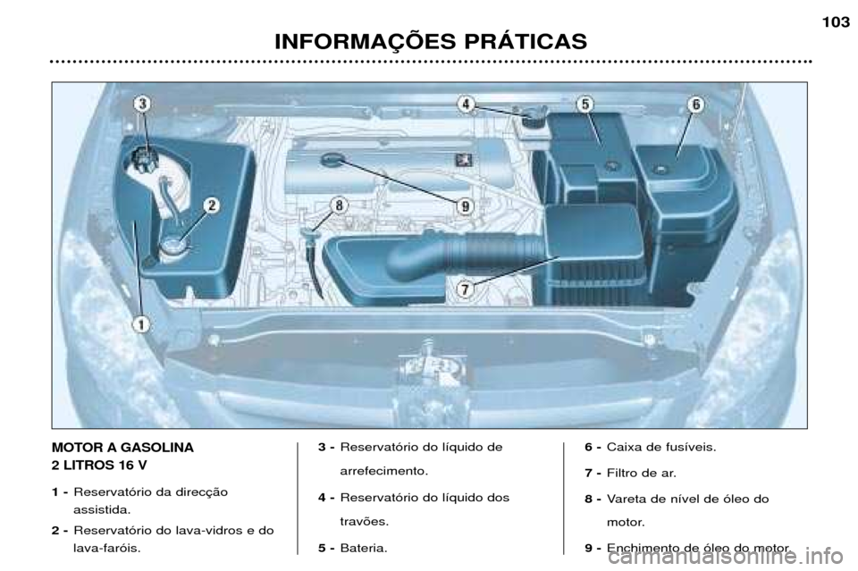 Peugeot 307 SW 2002  Manual do proprietário (in Portuguese) INFORMA‚ÍES PRçTICAS103
MOTOR A GASOLINA 2 LITROS 16 V
1 -
Reservat—rio da direcassistida.
2 - Reservat—rio do lava-vidros e do lava-far—is. 3 -
Reservat—rio do l’quido de  arrefecimento