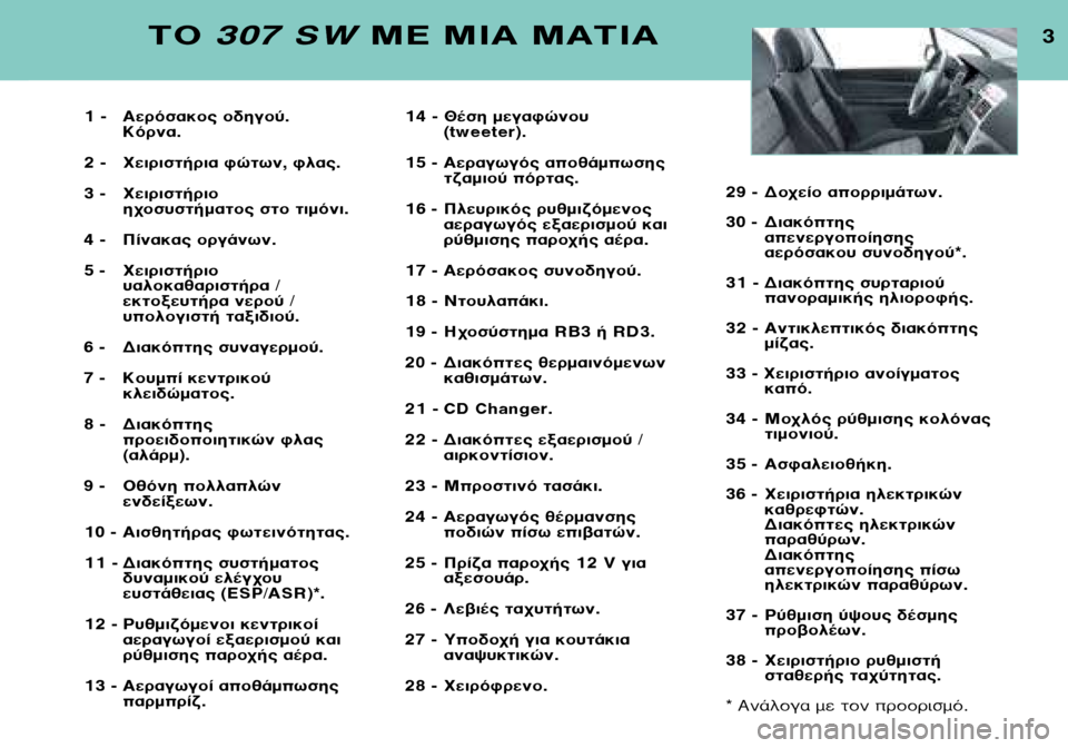 Peugeot 307 SW 2002  Εγχειρίδιο χρήσης (in Greek) 3∆√ 307 SW ª∂ ªπ∞ ª∞∆π∞
1 - ∞ÂÚﬁÛ·ÎÔ˜ Ô‰ËÁÔ‡.
∫ﬁÚÓ·.
2 - ÃÂÈÚÈÛÙ‹ÚÈ· ÊÒÙˆÓ, ÊÏ·˜. 
3 - ÃÂÈÚÈÛÙ‹ÚÈÔ Ë¯ÔÛ˘ÛÙ‹Ì·Ù