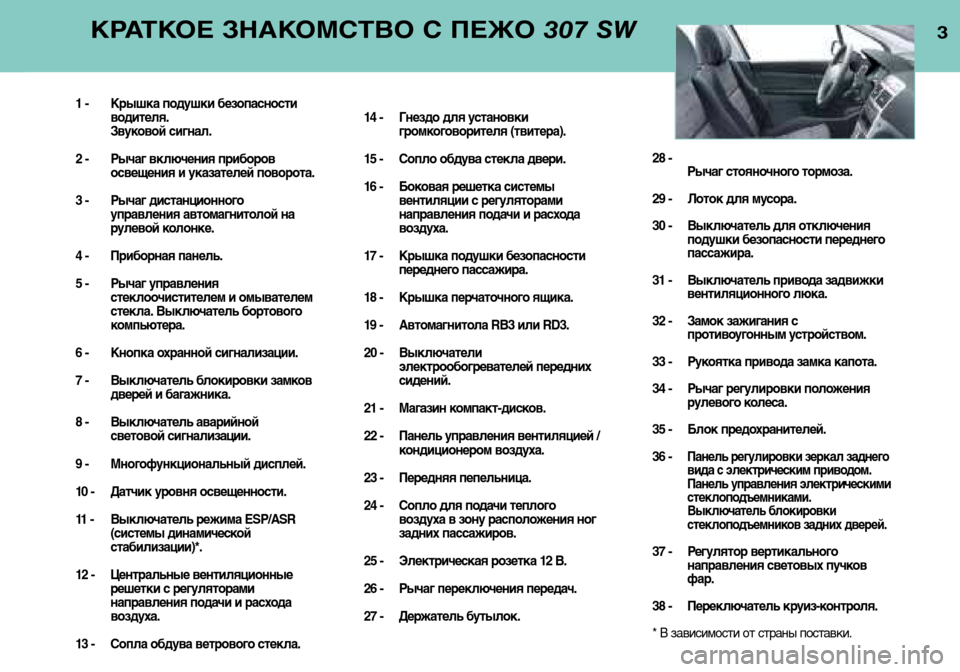 Peugeot 307 SW 2002  Инструкция по эксплуатации (in Russian) 3КРАТКОЕ ЗНАКОМСТВО С ПЕЖО 307 SW
1 - Крышка подушки безопасности
водителя. 
Звуковой сигнал.
2 - Рычаг включения п