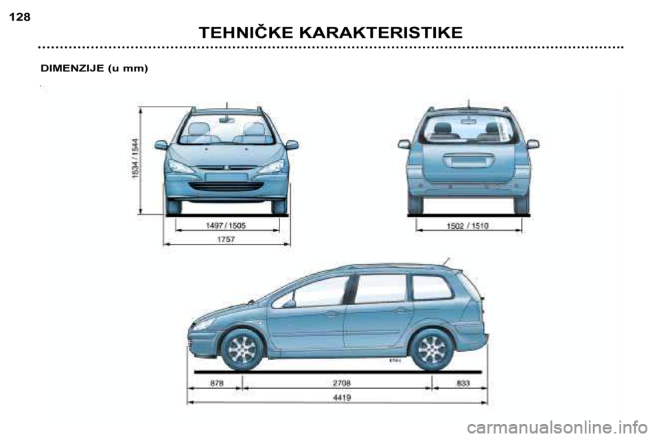 Peugeot 307 SW 2002  Упутство за употребу (in Serbian) TEHNIČKE KARAKTERISTIKE
128
DIMENZIJE (u mm)  