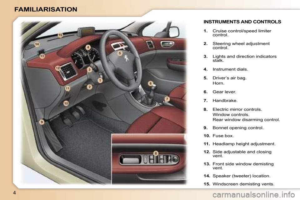 Peugeot 307 SW Dag 2006  Owners Manual �4
�1�.�  �C�r�u�i�s�e� �c�o�n�t�r�o�l�/�s�p�e�e�d� �l�i�m�i�t�e�r� 
�c�o�n�t�r�o�l�.
�2�. �  �S�t�e�e�r�i�n�g� �w�h�e�e�l� �a�d�j�u�s�t�m�e�n�t� 
�c�o�n�t�r�o�l�.
�3�. �  �L�i�g�h�t�s� �a�n�d� �d�i�r