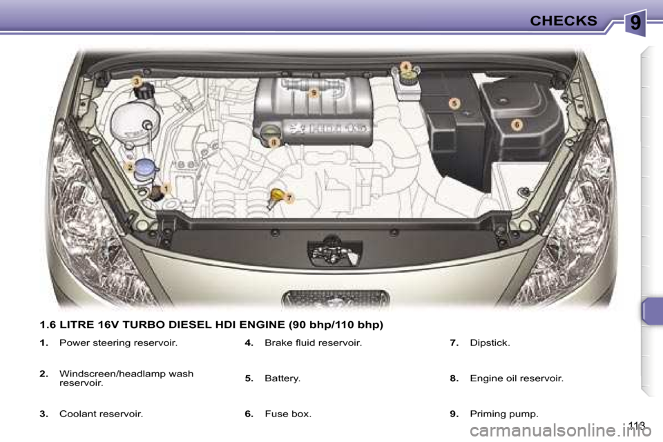 Peugeot 307 SW Dag 2006  Owners Manual �9�C�H�E�C�K�S
�1�1�3
�1�.� �P�o�w�e�r� �s�t�e�e�r�i�n�g� �r�e�s�e�r�v�o�i�r�.
�2�.�  �W�i�n�d�s�c�r�e�e�n�/�h�e�a�d�l�a�m�p� �w�a�s�h�  
�r�e�s�e�r�v�o�i�r�.
�3�.�  �C�o�o�l�a�n�t� �r�e�s�e�r�v�o�i�r