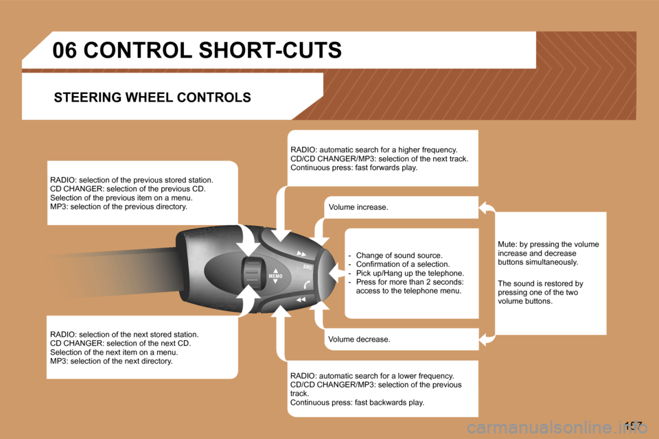 Peugeot 307 SW Dag 2006  Owners Manual �1�5�7
�R�A�D�I�O�:� �s�e�l�e�c�t�i�o�n� �o�f� �t�h�e� �p�r�e�v�i�o�u�s� �s�t�o�r�e�d� �s�t�a�t�i�o�n�. 
�C�D� �C�H�A�N�G�E�R�:� �s�e�l�e�c�t�i�o�n� �o�f� �t�h�e� �p�r�e�v�i�o�u�s� �C�D�.
�S�e�l�e�c�t