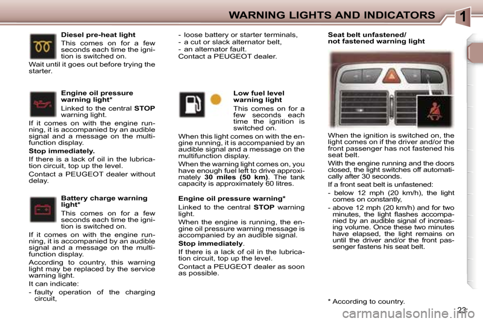 Peugeot 307 SW Dag 2006  Owners Manual �1�W�A�R�N�I�N�G� �L�I�G�H�T�S� �A�N�D� �I�N�D�I�C�A�T�O�R�S
�2�3
�B�a�t�t�e�r�y� �c�h�a�r�g�e� �w�a�r�n�i�n�g�  
�l�i�g�h�t�* 
�T�h�i�s�  �c�o�m�e�s�  �o�n�  �f�o�r�  �a�  �f�e�w�  
�s�e�c�o�n�d�s� �