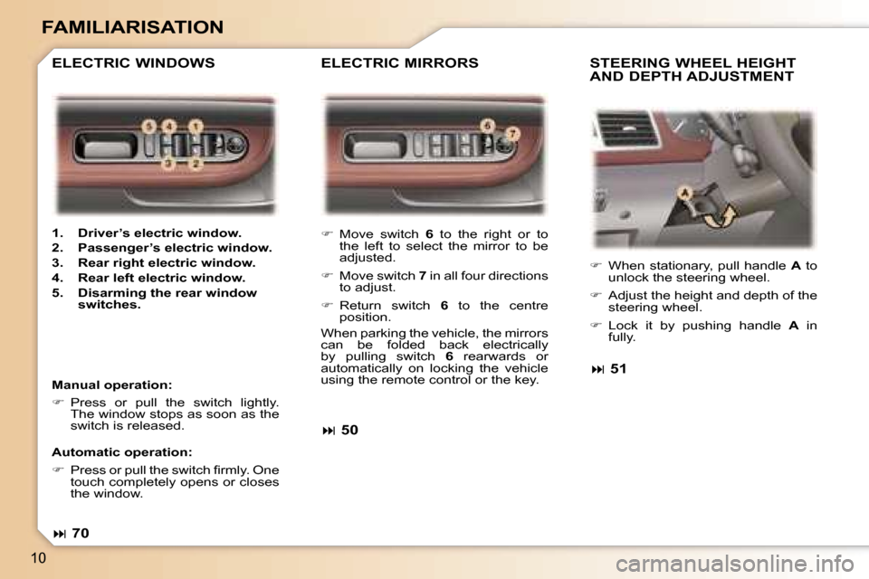 Peugeot 307 SW Dag 2006  Owners Manual �1�0
�F�A�M�I�L�I�A�R�I�S�A�T�I�O�N
��  �M�o�v�e�  �s�w�i�t�c�h�  �6�  �t�o�  �t�h�e�  �r�i�g�h�t�  �o�r�  �t�o� 
�t�h�e�  �l�e�f�t�  �t�o�  �s�e�l�e�c�t�  �t�h�e�  �m�i�r�r�o�r�  �t�o�  �b�e�  
�a
