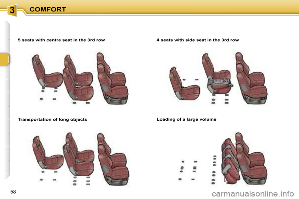 Peugeot 307 SW Dag 2006  Owners Manual �3�C�O�M�F�O�R�T
�5�8
�5� �s�e�a�t�s� �w�i�t�h� �c�e�n�t�r�e� �s�e�a�t� �i�n� �t�h�e� �3�r�d� �r�o�w 
�T�r�a�n�s�p�o�r�t�a�t�i�o�n� �o�f� �l�o�n�g� �o�b�j�e�c�t�s�4� �s�e�a�t�s� �w�i�t�h� �s�i�d�e� �s