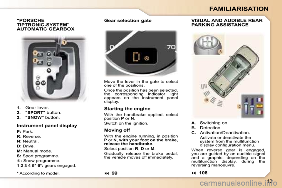 Peugeot 307 SW Dag 2006  Owners Manual �1�3
�F�A�M�I�L�I�A�R�I�S�A�T�I�O�N
�"�P�O�R�S�C�H�E�  
�T�I�P�T�R�O�N�I�C�-�S�Y�S�T�E�M�"� 
�A�U�T�O�M�A�T�I�C� �G�E�A�R�B�O�X
�1�.�  �G�e�a�r� �l�e�v�e�r�.
�2�.� �"�S�P�O�R�T�"� �b�u�t�t�o�n�.
�3�.�