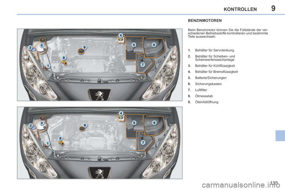 Peugeot 308 CC 2014  Betriebsanleitung (in German) 9
133
KONTROLLEN
BENZINMOTOREN 
 Beim Benzinmotor können Sie die Füllstände der ver-
schiedenen Betriebsstoffe kontrollieren und bestimmte 
Teile auswechseln. 
   1.   Behälter für Servolenkung 
