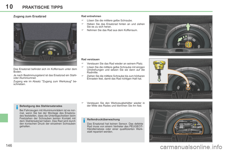Peugeot 308 CC 2014 Betriebsanleitung (in German) 10
i
i
146
PRAKTISCHE TIPPS
Befestigung des Stahlersatzrades
Bei Fahrzeugen mit Aluminiumrädern ist es nor-
mal, wenn Sie bei der Montage des Ersatzra-
des feststellen, dass die Unterlegscheibe Peugeot 308 CC 2014 Betriebsanleitung (in German) 10
i
i
146
PRAKTISCHE TIPPS
Befestigung des Stahlersatzrades
Bei Fahrzeugen mit Aluminiumrädern ist es nor-
mal, wenn Sie bei der Montage des Ersatzra-
des feststellen, dass die Unterlegscheibe