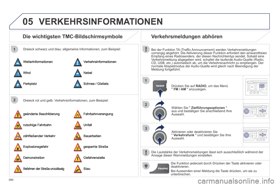 Peugeot 308 CC 2014 Betriebsanleitung (in German) 05
200
Die wichtigsten TMC-Bildschirmsymbole
Dreieck rot und gelb: Verkehrsinformationen, zum Beispiel:
Dreieck schwarz und blau: allgemeine Informationen, zum Beispiel:
Wetterinformationen
Peugeot 308 CC 2014 Betriebsanleitung (in German) 05
200
Die wichtigsten TMC-Bildschirmsymbole
Dreieck rot und gelb: Verkehrsinformationen, zum Beispiel:
Dreieck schwarz und blau: allgemeine Informationen, zum Beispiel:
Wetterinformationen